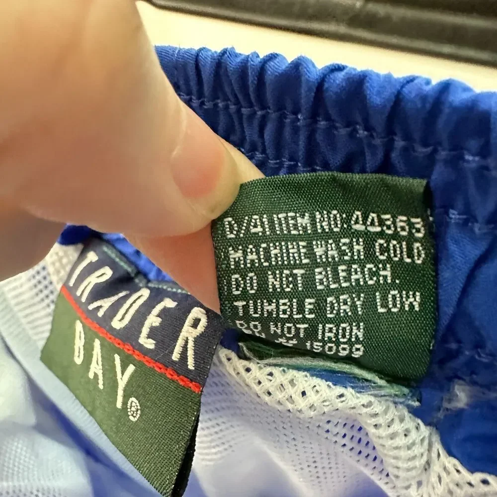 Vintage 90s Trader Bay Swim Shorts Trunks Mens L Blue Green Striped‎ Drawstring